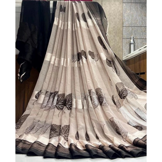 Amfyn Women's Sattin Patta Printed Saree With Unstitched Blouse (Off White, 5-5 Mtrs)