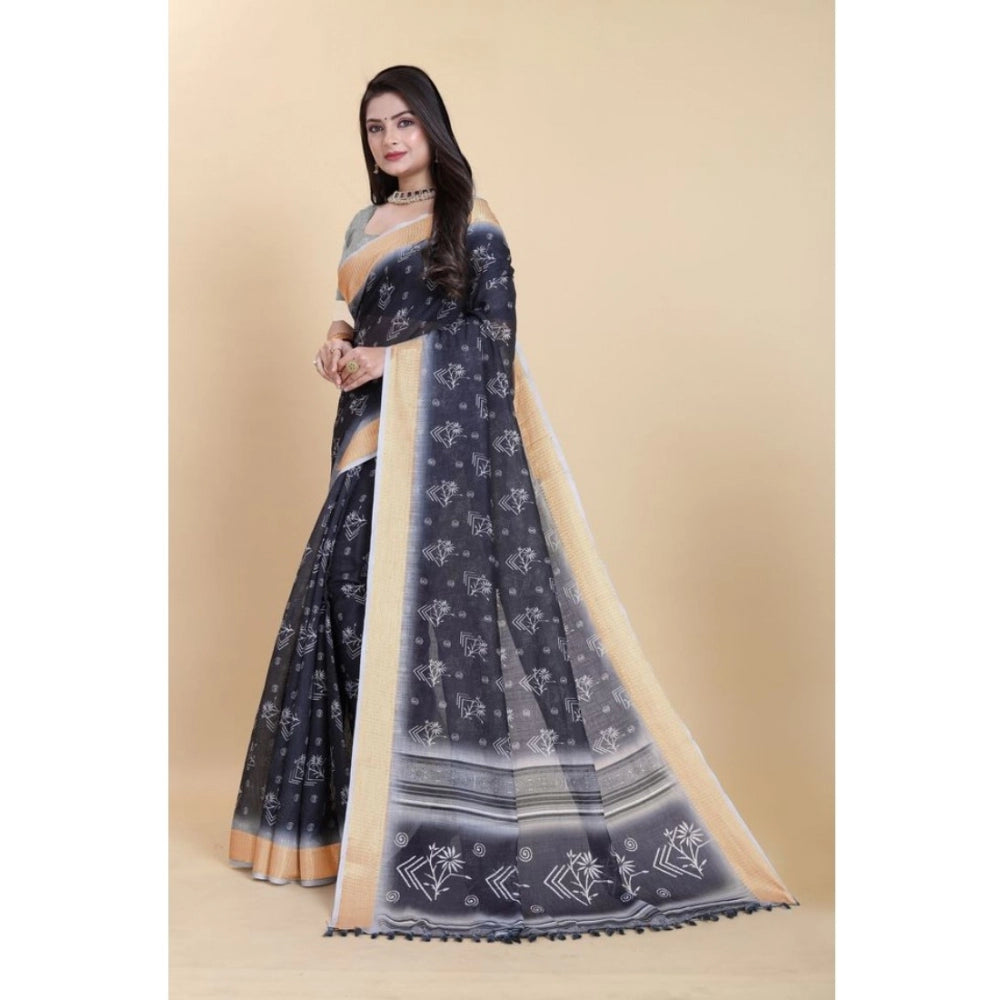 Amfyn Women's Linen Printed Saree With Unstitched Blouse (Black, 5-5 Mtrs)
