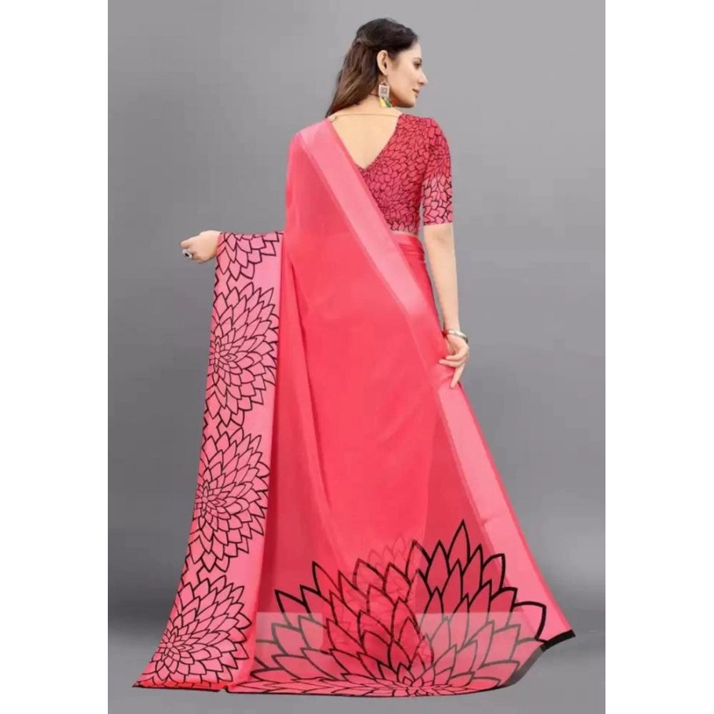 Amfyn Women's Sattin Patta Printed Saree With Unstitched Blouse (Pink, 5-5 Mtrs)