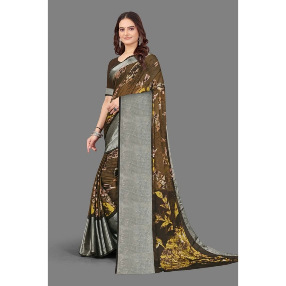 Amfyn Women's Chiffon Printed Saree With Unstitched Blouse (Brown, 5-5 Mtrs)
