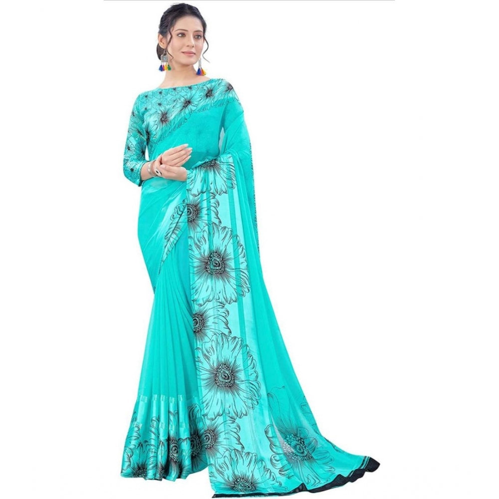 Amfyn Women's Sattin Patta Printed Saree With Unstitched Blouse (Teal, 5-5 Mtrs)