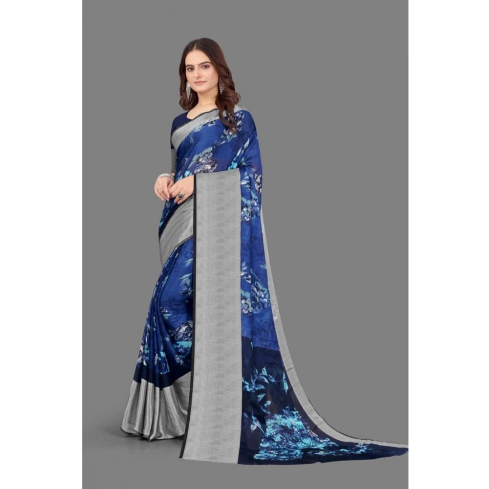 Amfyn Women's Chiffon Printed Saree With Unstitched Blouse (Blue, 5-5 Mtrs)