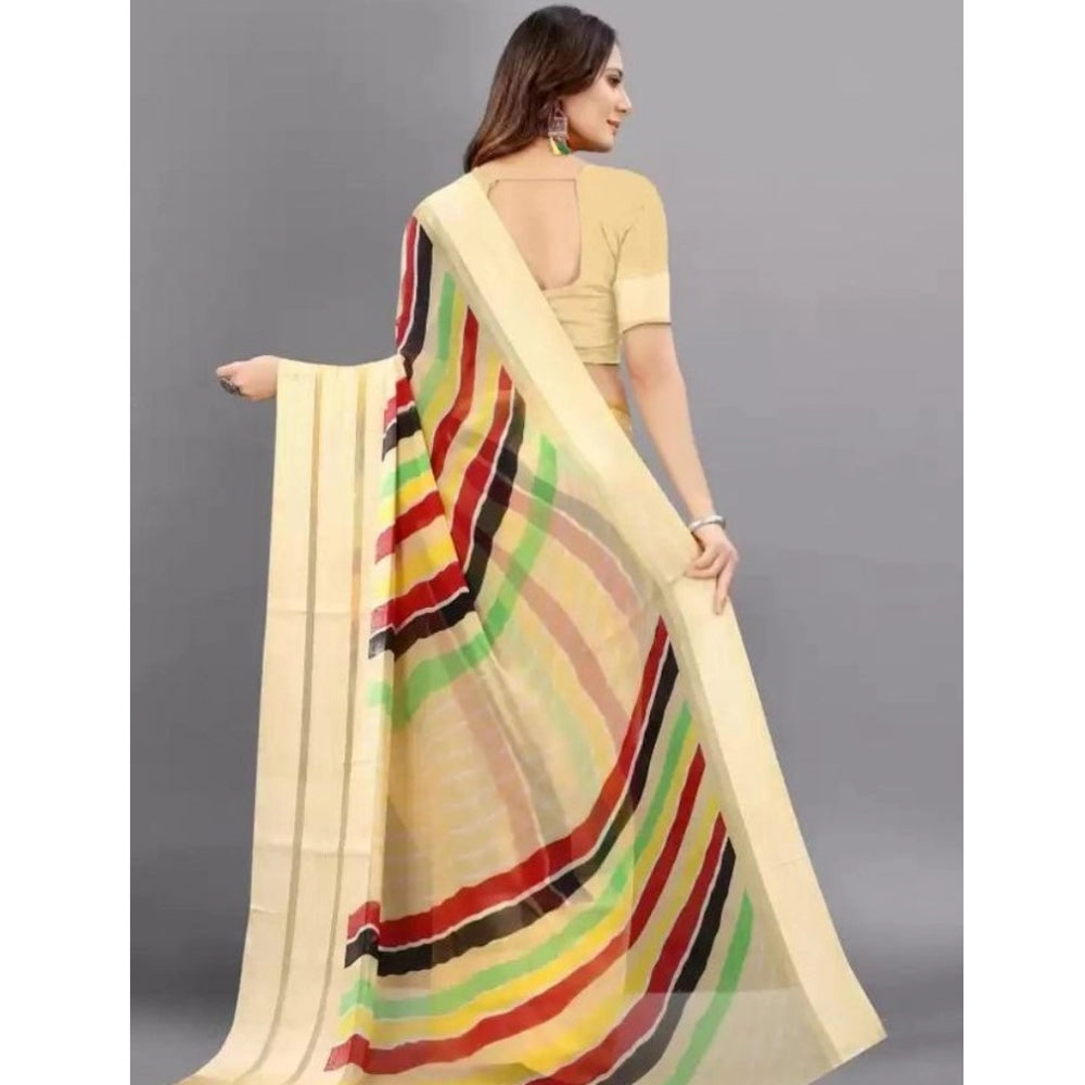 Amfyn Women's Sattin Patta Printed Saree With Unstitched Blouse (Yellow, 5-5 Mtrs)