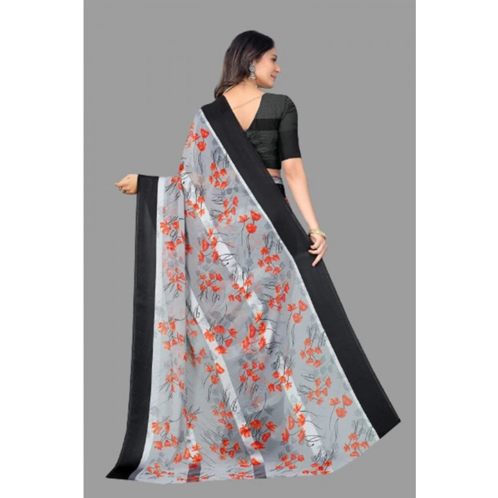 Amfyn Women's Sattin Patta Printed Saree With Unstitched Blouse (Grey, 5-5 Mtrs)