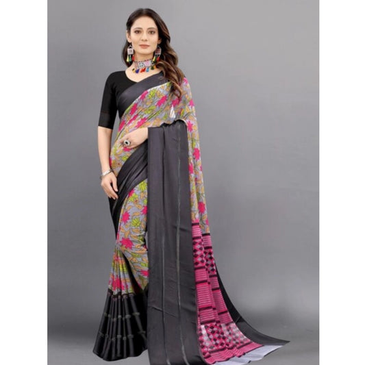 Amfyn Women's Sattin Patta Printed Saree With Unstitched Blouse (Black, 5-5 Mtrs)
