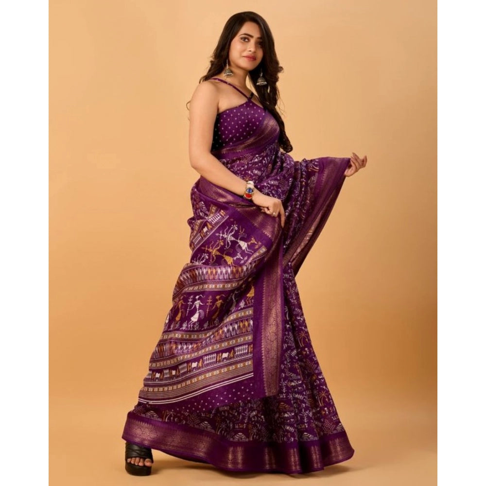 Amfyn Women's Dola Silk Printed Saree With Unstitched Blouse (Violet, 5-5 Mtrs)