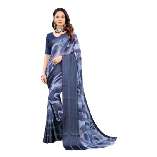 Amfyn Women's Sattin Patta Printed Saree With Unstitched Blouse (Navy Blue, 5-5 Mtrs)