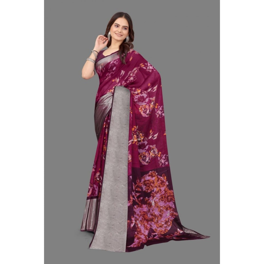 Amfyn Women's Chiffon Printed Saree With Unstitched Blouse (Purple, 5-5 Mtrs)