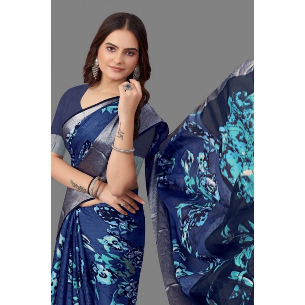 Amfyn Women's Chiffon Printed Saree With Unstitched Blouse (Navy Blue, 5-5 Mtrs)