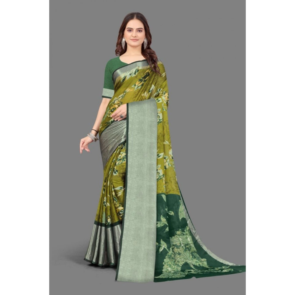 Amfyn Women's Chiffon Printed Saree With Unstitched Blouse (Mehendi, 5-5 Mtrs)