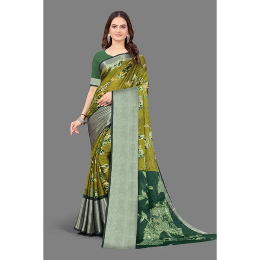 Amfyn Women's Chiffon Printed Saree With Unstitched Blouse (Mehendi, 5-5 Mtrs)