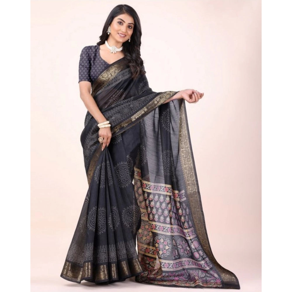 Amfyn Women's Cotton Printed Saree With Unstitched Blouse (Black, 5-5 Mtrs)