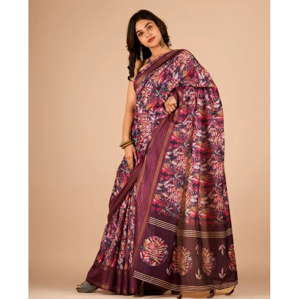 Amfyn Women's Digital Printed Saree With Unstitched Blouse (Wine, 5-5 Mtrs)