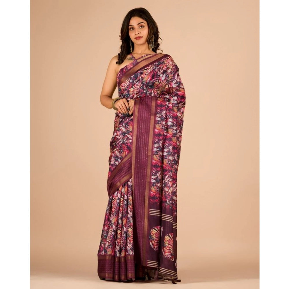 Amfyn Women's Digital Printed Saree With Unstitched Blouse (Wine, 5-5 Mtrs)