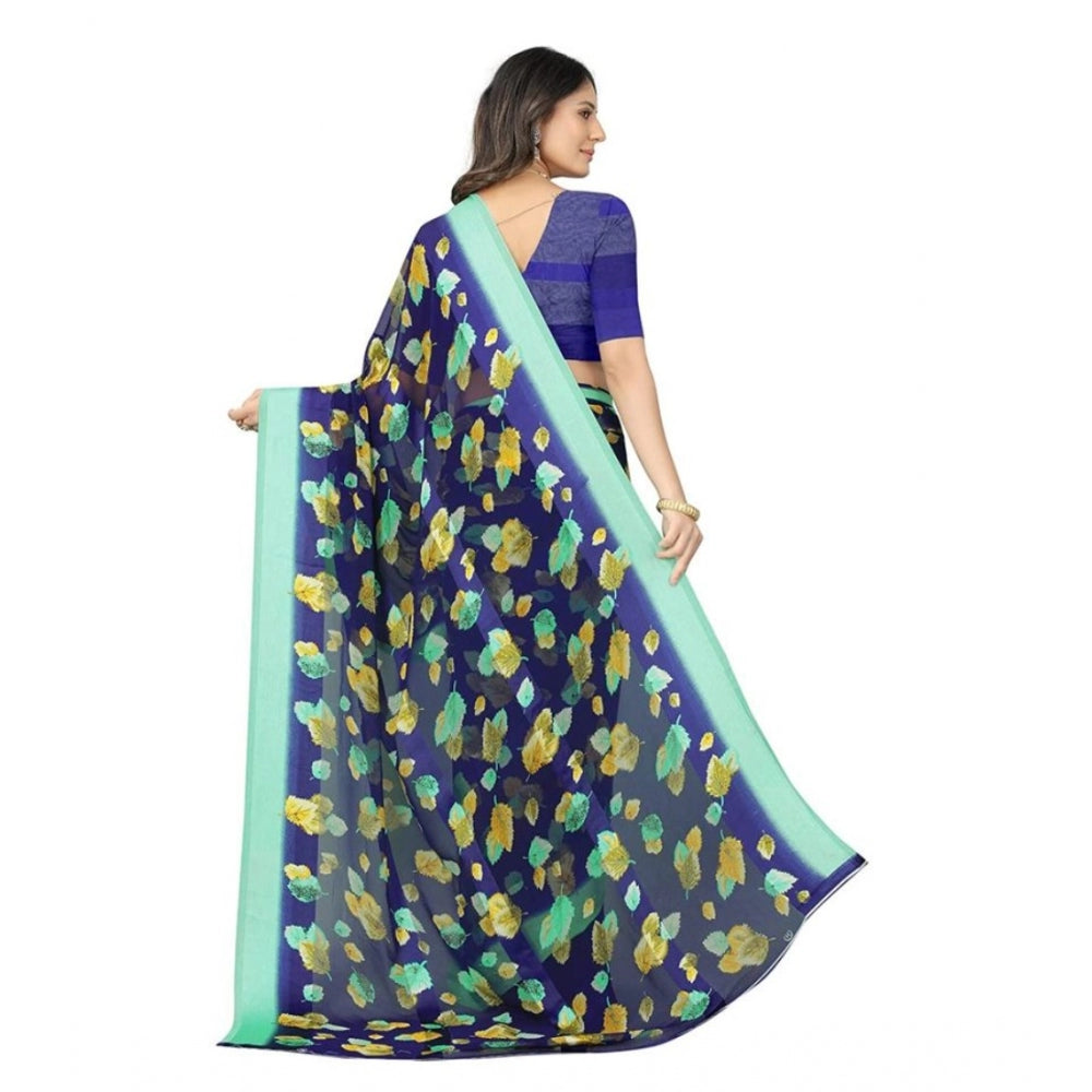 Amfyn Women's Sattin Patta Printed Saree With Unstitched Blouse (Blue, 5-5 Mtrs)