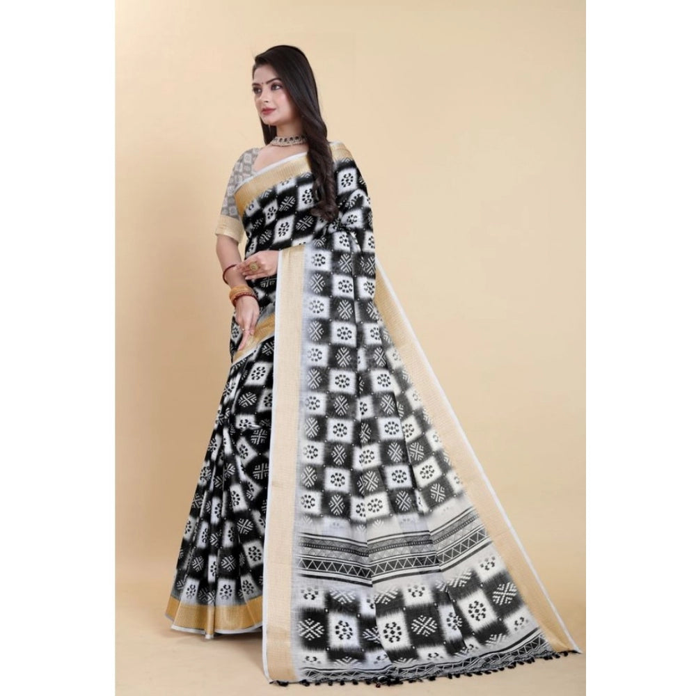 Amfyn Women's Linen Printed Saree With Unstitched Blouse (Black, 5-5 Mtrs)