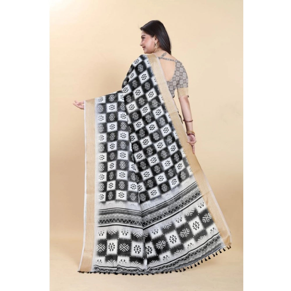 Amfyn Women's Linen Printed Saree With Unstitched Blouse (Black, 5-5 Mtrs)
