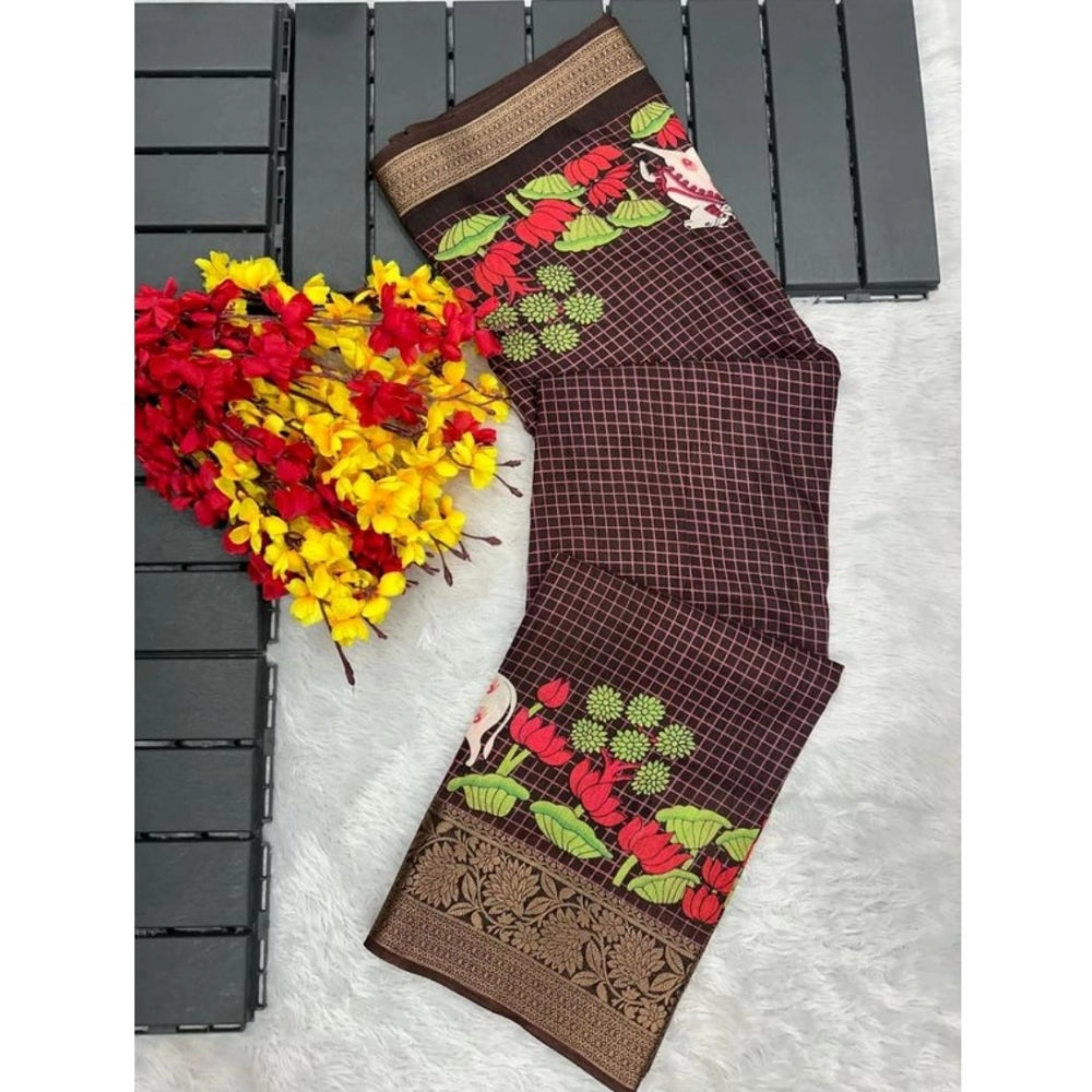 Amfyn Women's Dola Silk Printed Saree With Unstitched Blouse (Brown, 5-5 Mtrs)