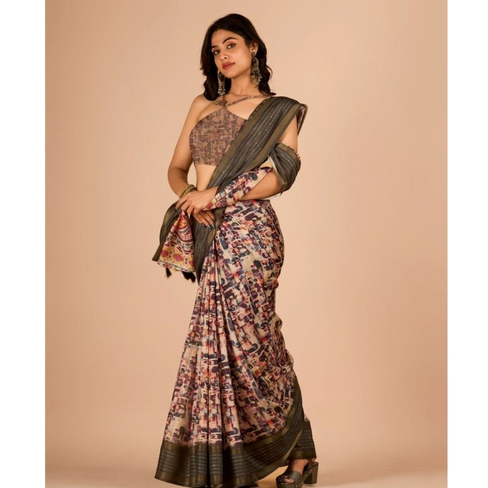 Amfyn Women's Digital Printed Saree With Unstitched Blouse (Beige, 5-5 Mtrs)