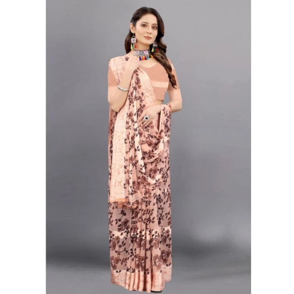 Amfyn Women's Sattin Patta Printed Saree With Unstitched Blouse (Brown, 5-5 Mtrs)