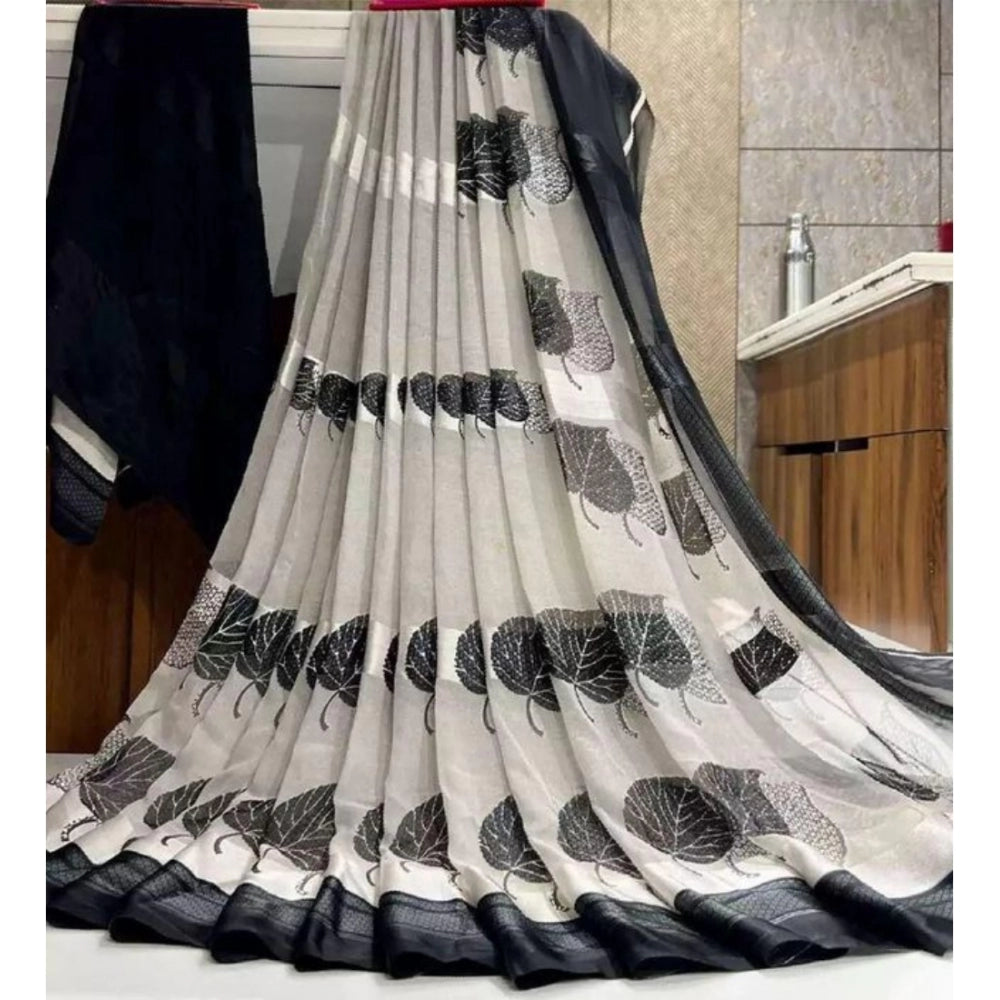 Amfyn Women's Sattin Patta Printed Saree With Unstitched Blouse (Grey, 5-5 Mtrs)