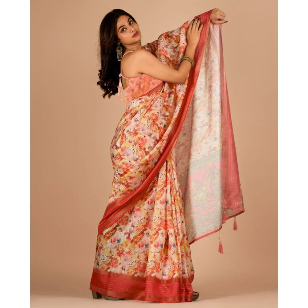 Amfyn Women's Digital Printed Saree With Unstitched Blouse (Orange, 5-5 Mtrs)