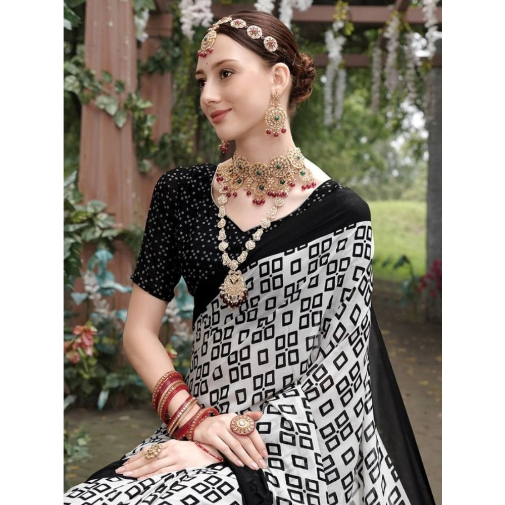 Amfyn Women's Georgette Printed Saree With Unstitched Blouse (Black, 5-5 Mtrs)