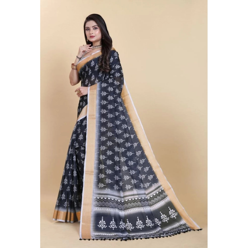 Amfyn Women's Linen Printed Saree With Unstitched Blouse (Black, 5-5 Mtrs)
