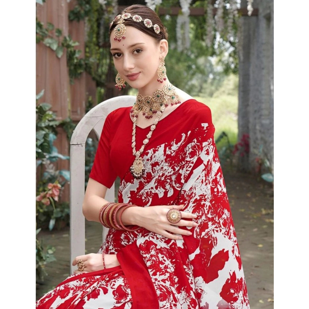 Amfyn Women's Georgette Printed Saree With Unstitched Blouse (Red, 5-5 Mtrs)