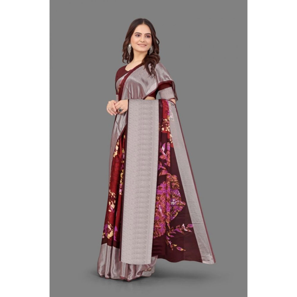 Amfyn Women's Chiffon Printed Saree With Unstitched Blouse (Maroon, 5-5 Mtrs)