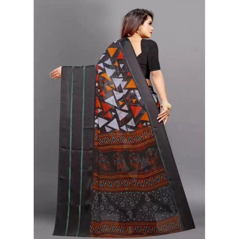 Amfyn Women's Sattin Patta Printed Saree With Unstitched Blouse (Black, 5-5 Mtrs)