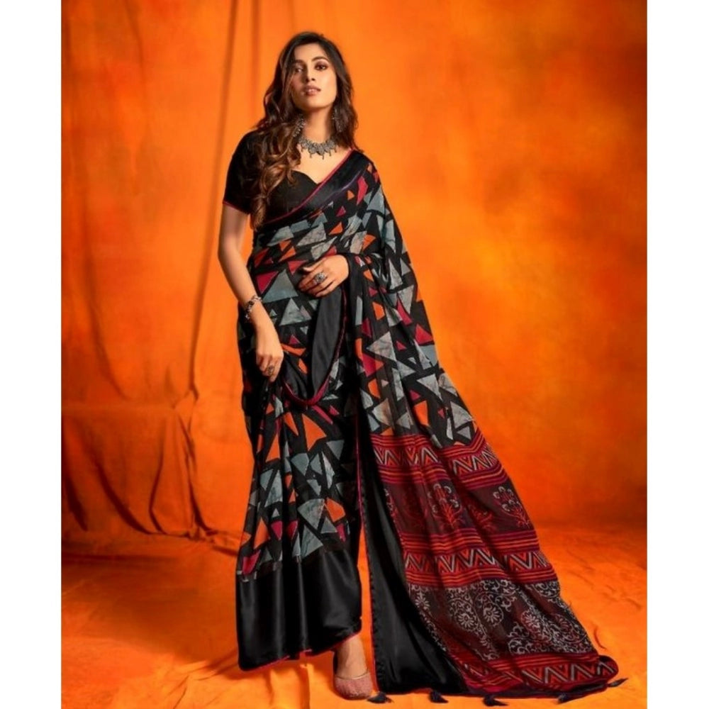 Amfyn Women's Sattin Patta Printed Saree With Unstitched Blouse (Black, 5-5 Mtrs)