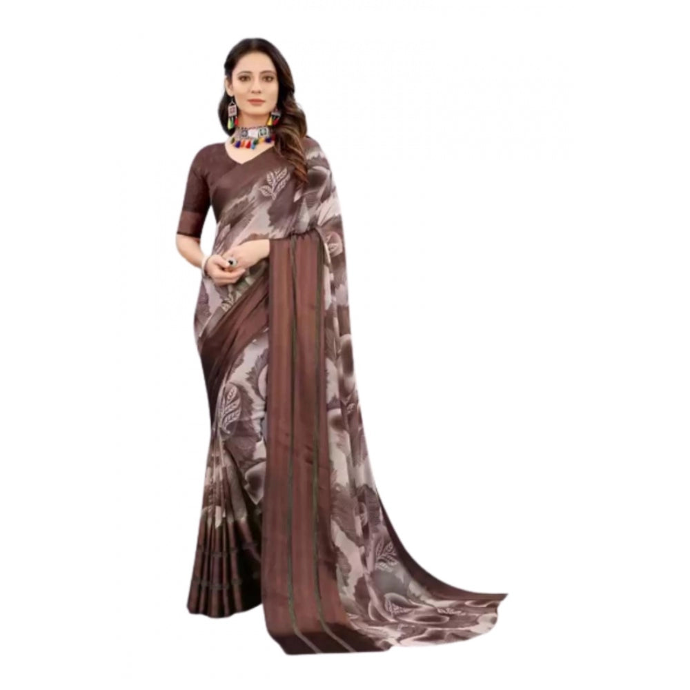 Amfyn Women's Sattin Patta Printed Saree With Unstitched Blouse (Brown, 5-5 Mtrs)