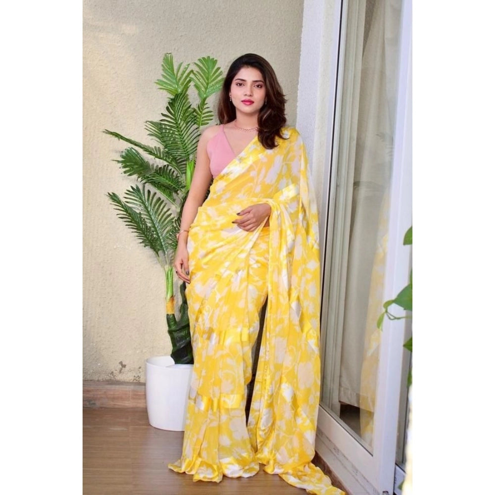Amfyn Women's Sattin Patta Printed Saree With Unstitched Blouse (Yellow, 5-5 Mtrs)