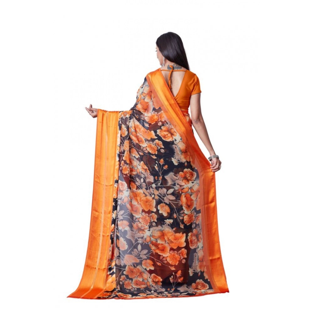 Amfyn Women's Sattin Patta Printed Saree With Unstitched Blouse (Orange, 5-5 Mtrs)