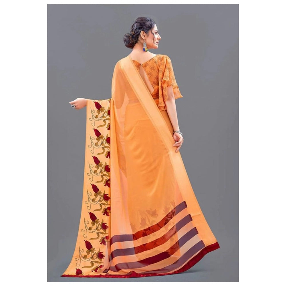 Amfyn Women's Sattin Patta Printed Saree With Unstitched Blouse (Orange, 5-5 Mtrs)