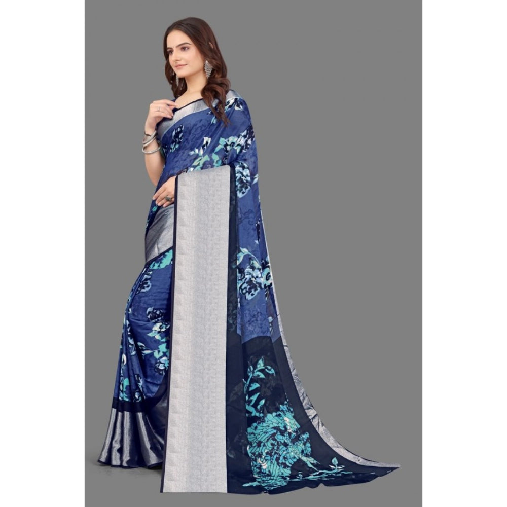 Amfyn Women's Chiffon Printed Saree With Unstitched Blouse (Navy Blue, 5-5 Mtrs)