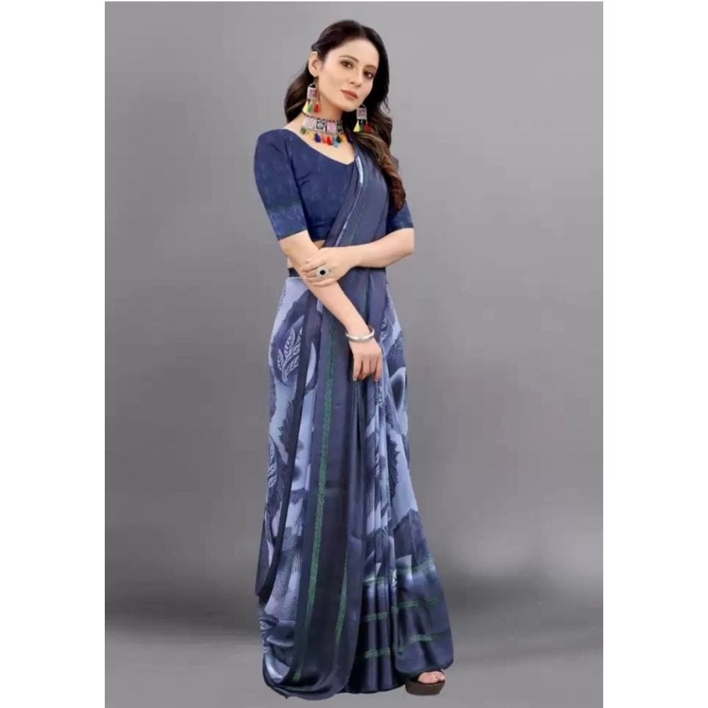 Amfyn Women's Sattin Patta Printed Saree With Unstitched Blouse (Navy Blue, 5-5 Mtrs)