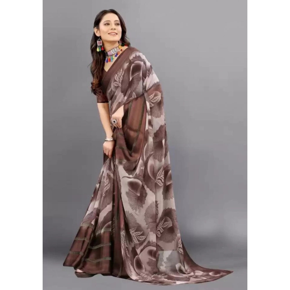 Amfyn Women's Sattin Patta Printed Saree With Unstitched Blouse (Brown, 5-5 Mtrs)