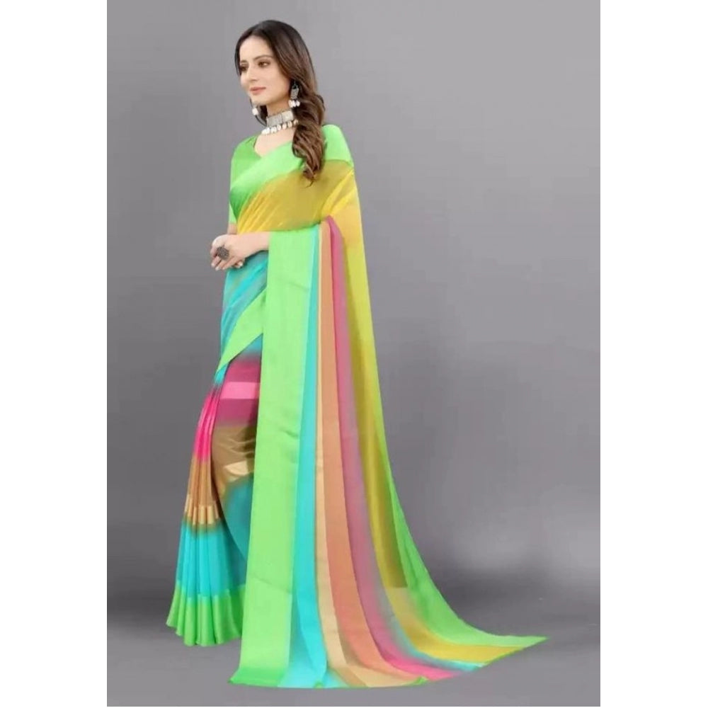 Amfyn Women's Sattin Patta Printed Saree With Unstitched Blouse (Green, 5-5 Mtrs)