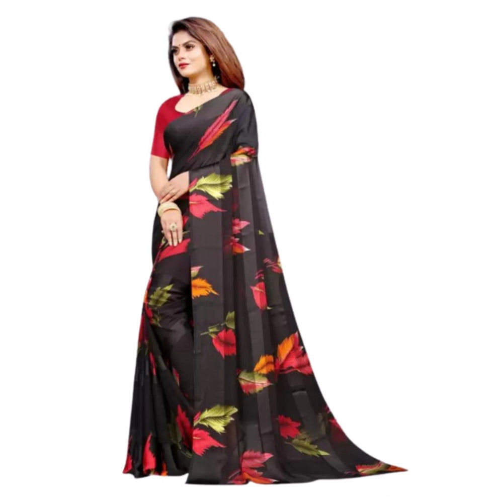 Amfyn Women's Sattin Patta Printed Saree With Unstitched Blouse (Black, 5-5 Mtrs)