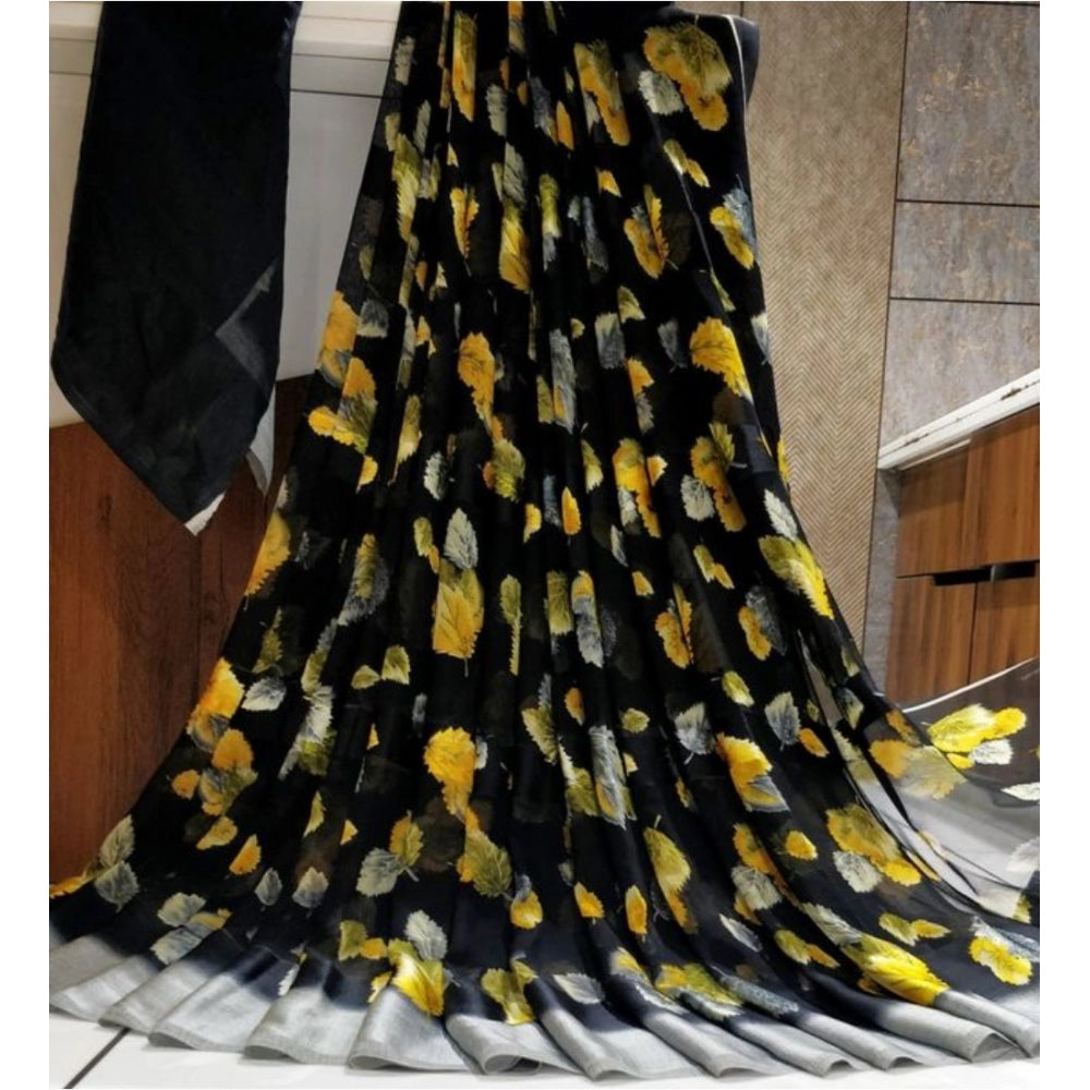 Amfyn Women's Sattin Patta Printed Saree With Unstitched Blouse (Black, 5-5 Mtrs)