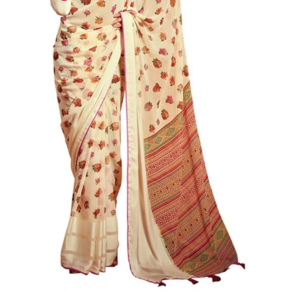 Amfyn Women's Sattin Patta Printed Saree With Unstitched Blouse (Cream, 5-5 Mtrs)
