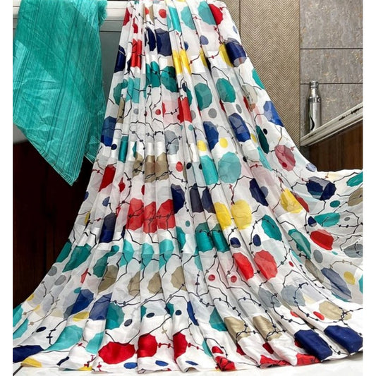 Amfyn Women's Sattin Patta Printed Saree With Unstitched Blouse (Sky Blue, 5-5 Mtrs)