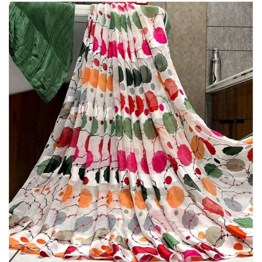 Amfyn Women's Sattin Patta Printed Saree With Unstitched Blouse (Green, 5-5 Mtrs)