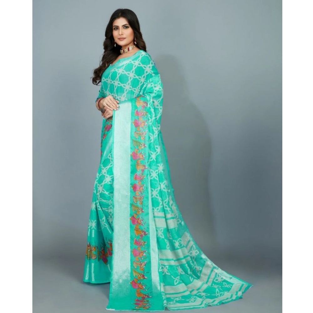 Amfyn Women's Moss Chiffon Printed Saree With Unstitched Blouse (Teal, 5-5 Mtrs)