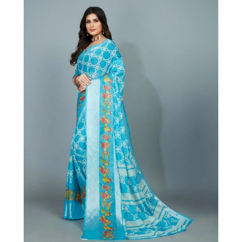 Amfyn Women's Moss Chiffon Printed Saree With Unstitched Blouse (Sky Blue, 5-5 Mtrs)