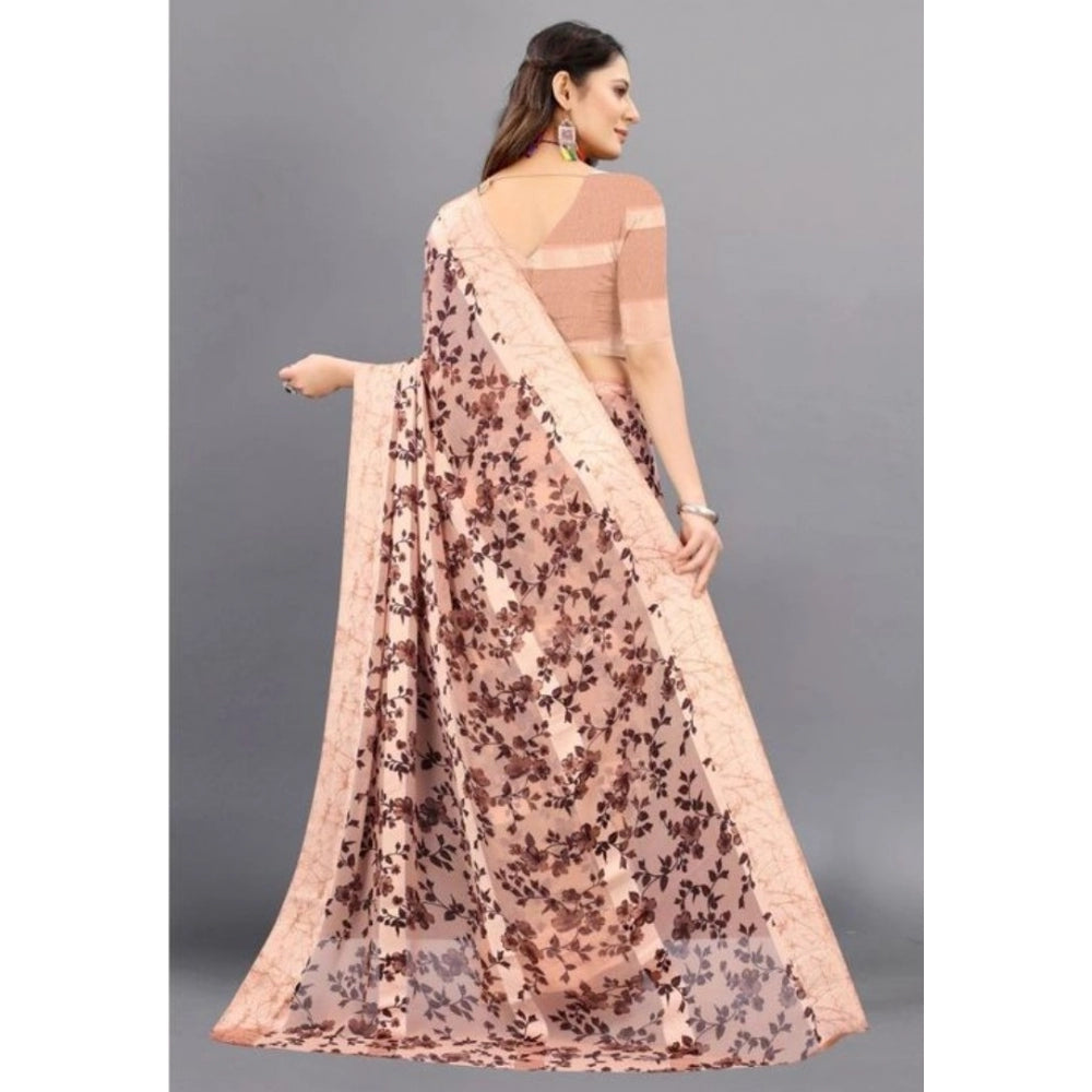 Amfyn Women's Sattin Patta Printed Saree With Unstitched Blouse (Brown, 5-5 Mtrs)