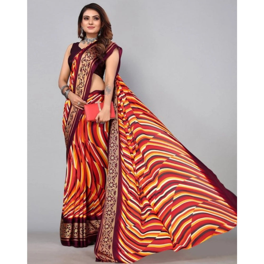 Amfyn Women's Sattin Patta Printed Saree With Unstitched Blouse (Maroon, 5-5 Mtrs)