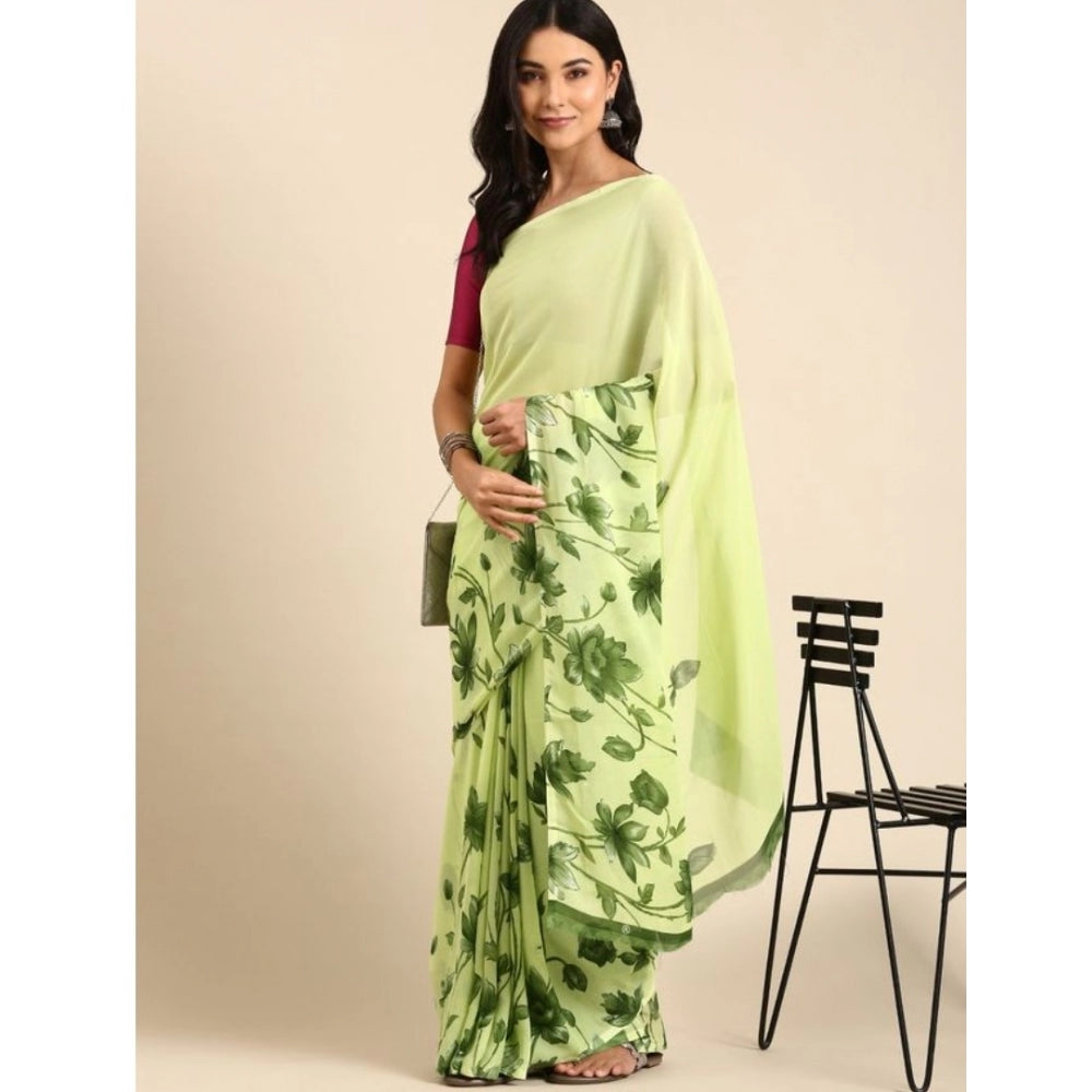 Amfyn Women's Georgette Printed Saree With Unstitched Blouse (Green, 5-5 Mtrs)